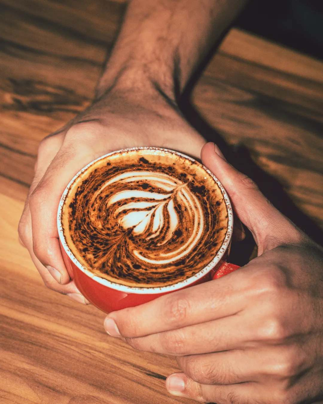 Barista sosteniendo una taza de café de especialidad con latte art en la barra de Bold